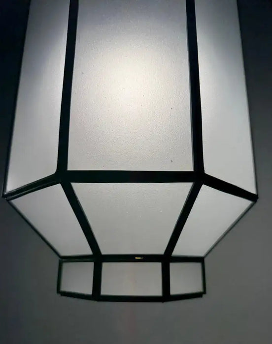 Art Deco Style Frosted White Milk Glass & Bronze Octagonal Pendant, a Pair