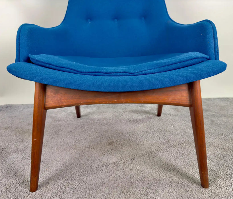 Mid Century Modern Scandinavian Walnut Barrel Armchair in Blue Upholstery