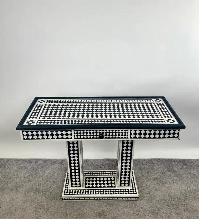 Art Deco Style Black & White Resin Console Table in Diamond Pattern