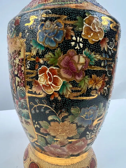 Vintage Royal Satsuma Japanese Hand-Painted Urn Style Vase, a Pair