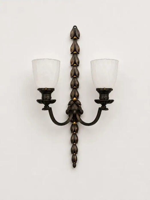 Art Nouveau Two Arms Bronze w Frosted Milk Glass Shades Wall Sconce, a set of 3