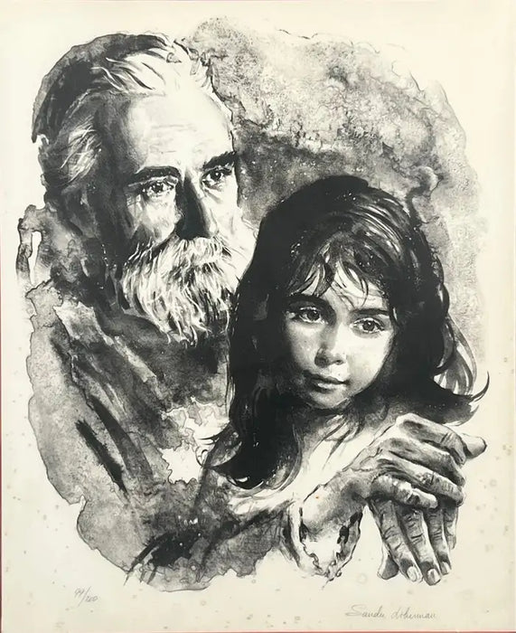 Sandu Liberman Rabbi with Young Girl Lithograph Signed, Numbered & Framed 1960's