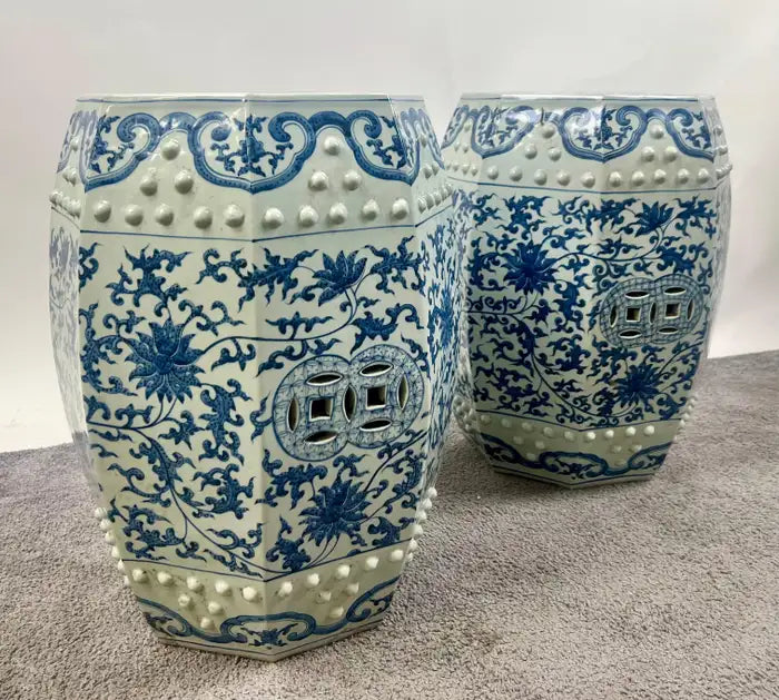 Chinese Qianlong Style Porcelain Octagonal Garden Blue & White Stool, a Pair