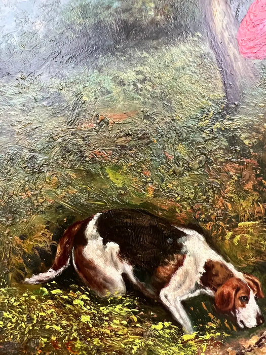 English Sporting Style Oil Painting, Huntsman & Hounds, Ornate Gilt Frame 1980's