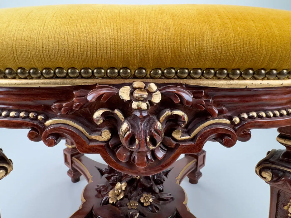 Italian Baroque Style Mahogany & Yellow Mustard Velvet Cushion Ottoman or Bench