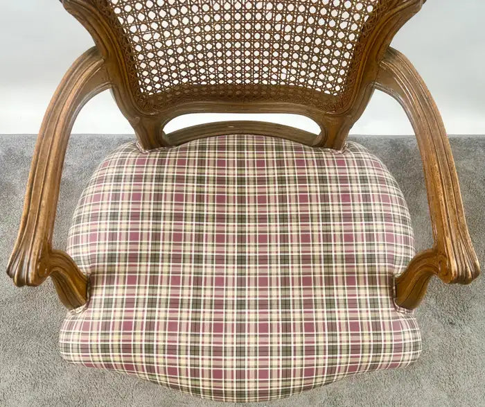 French Provincial Louis XV Style Cane Back with Plaid Upholstery Chair, a Pair
