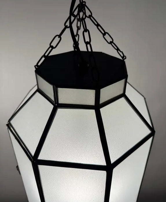 Art Deco Style Frosted White Milk Glass & Bronze Octagonal Pendant, a Pair