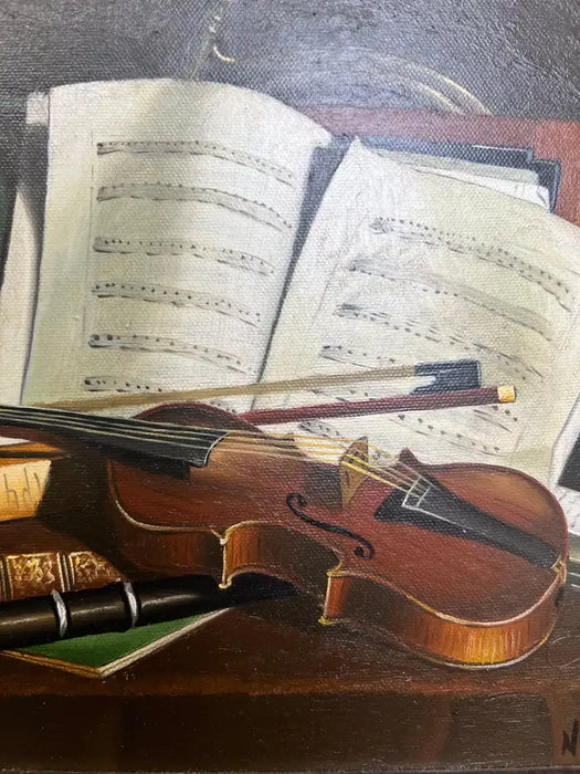 Still Life Violin & Sheet Music Oil on Canvas Signed Hessler, Framed 1900's