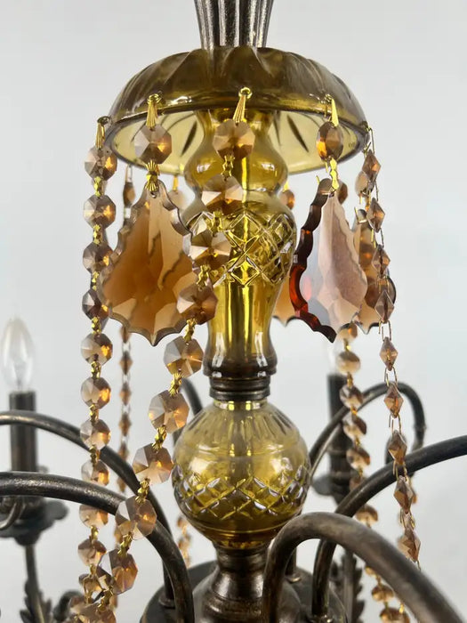 French Rococo Revival Bronzed Chandelier with Amber Glass Drops, 6 Arms