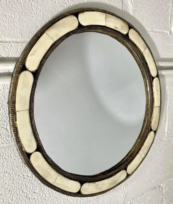 Art Deco Style Round White Frame & Antiqued Brass Filigree Inlay Mirror, a Pair