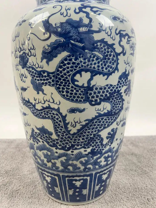 Imperial Chinese Qing Dynasty Style Blue & White Dragon Porcelain Vase
