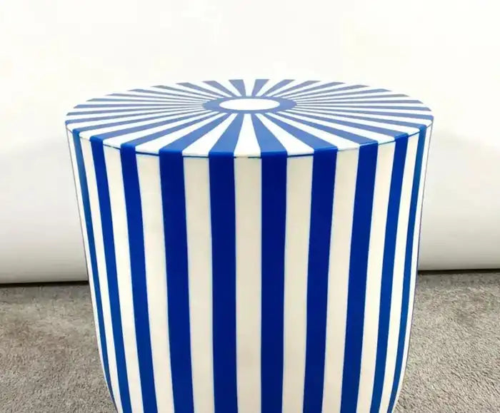 Art Deco Style Blue & White Cylindrical Resin Side, End Table or Stool, a Pair