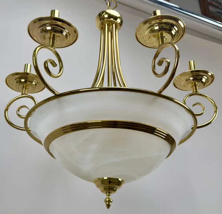 Art Deco Brass Chandelier with White Milk Frosted Glass Bottom Bowl, 6 Arms