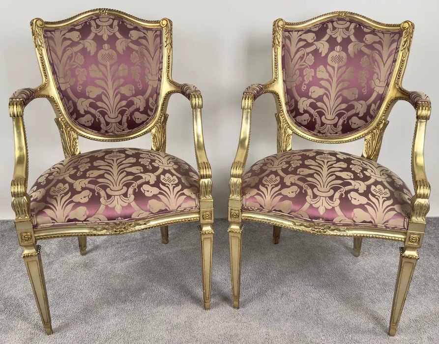 French Louis XVI Style Gilt & Plum Damask Pattern Upholstery Dining Chairs 10pcs