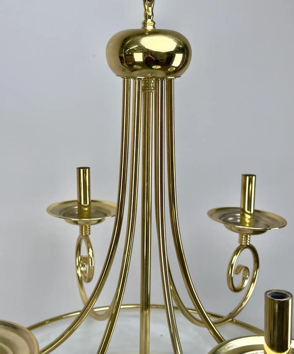 Art Deco Brass Chandelier with White Milk Frosted Glass Bottom Bowl, 6 Arms