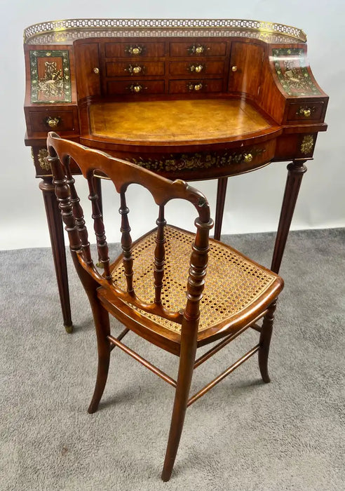 English Regency Carlton House Style Lady Desk & Cane Chair by Maitland Smith
