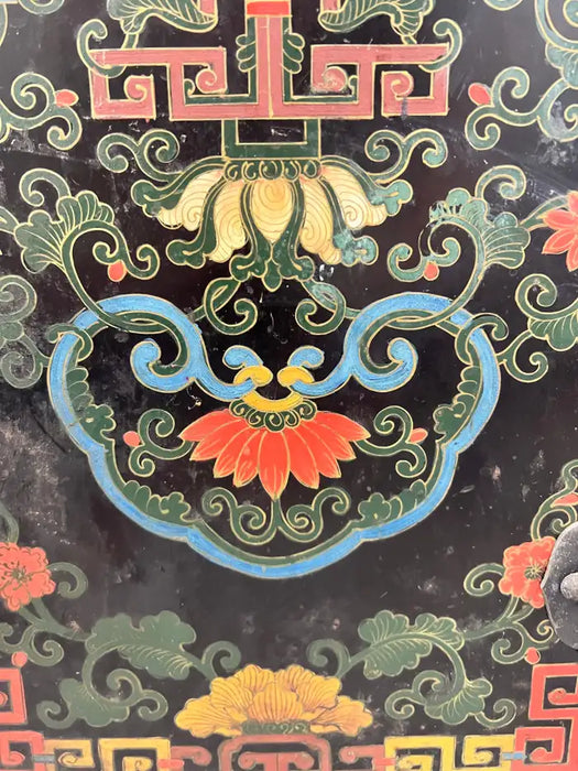 Vintage Asian Black Lacquered Cabinet or Chest with Hand-Painted Floral Motif