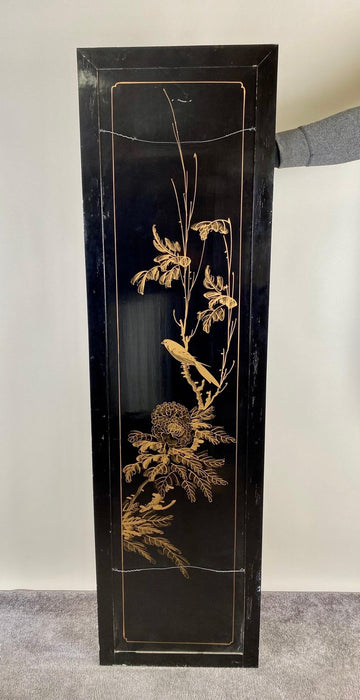 Asian Oriental Gold and Ebony Wall Panel with flowers and Vases Design, a Pair