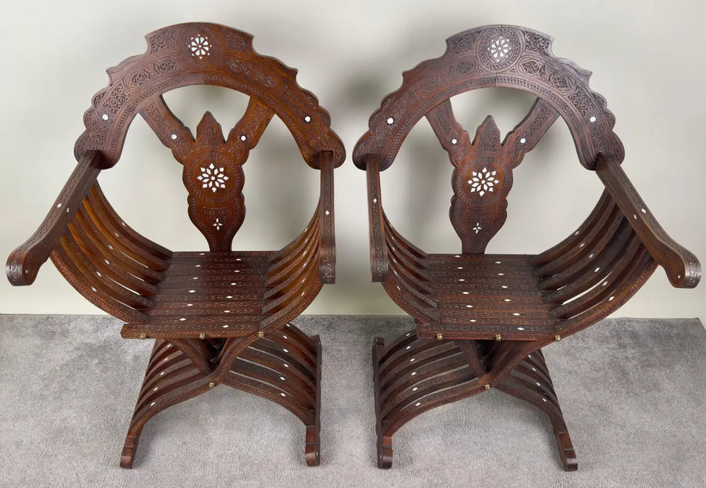 Antique Syrian Savonarola Curule Mother of Pearl Inlay Throne Armchair, a Pair