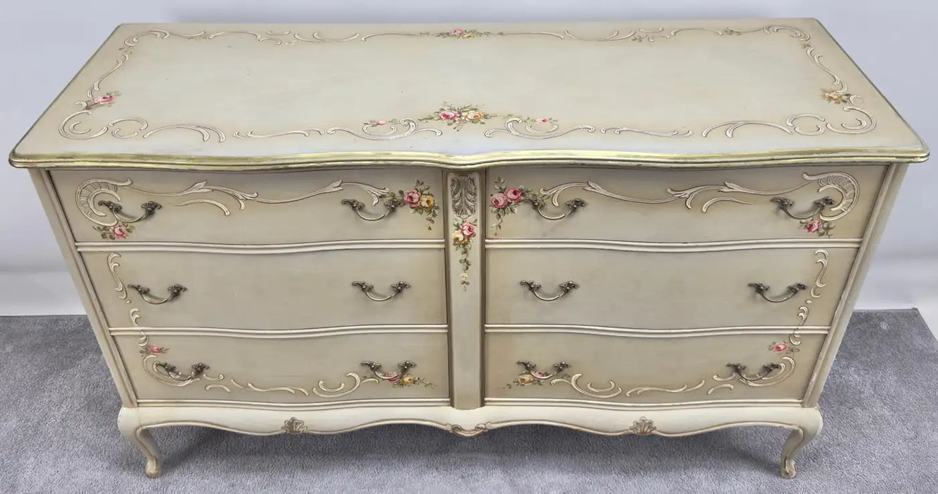 French Provincial Hand Painted Commode or Chest of Drawers with Floral Design