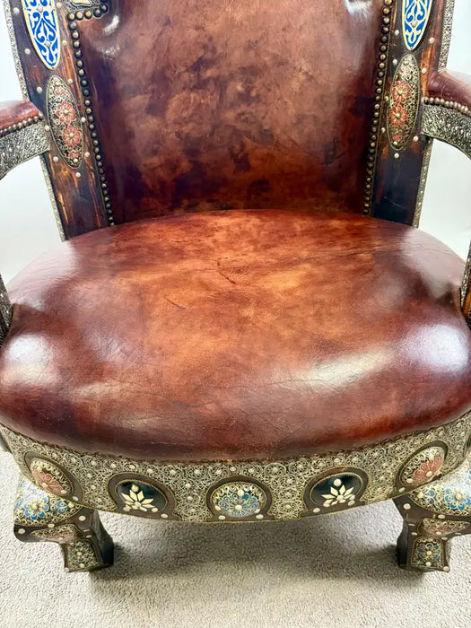 Portuguese Colonial Style Leather & Filigree Design Throne Chair