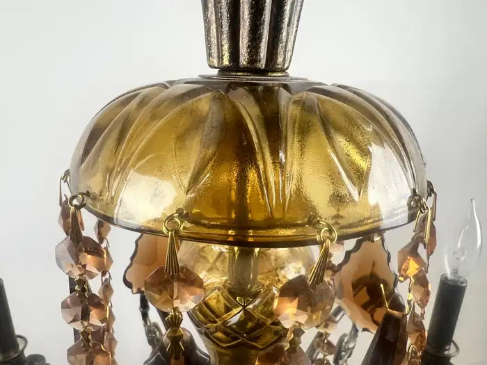 French Rococo Revival Bronzed Chandelier with Amber Glass Drops, 6 Arms