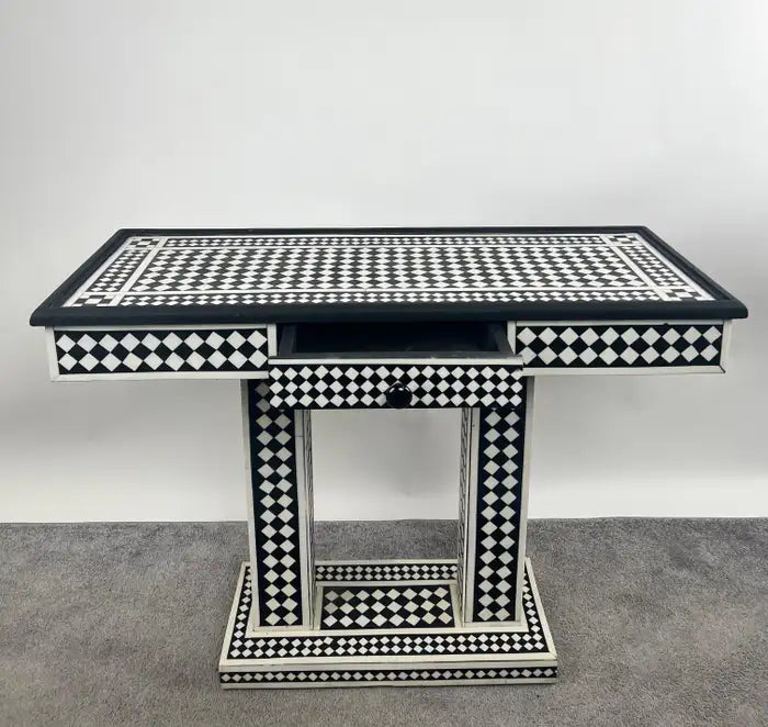 Art Deco Style Black & White Resin Console Table in Diamond Pattern