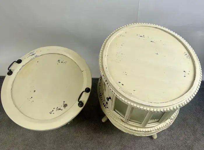 French Louis XV Provincial Style Distressed Off-white Serving Table w Tray