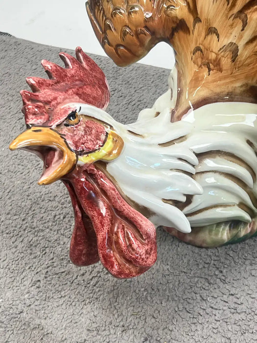 Vintage Hand-Painted Italian Majolica Ceramic Fighting Rooster Sculpture, a Pair 1980's