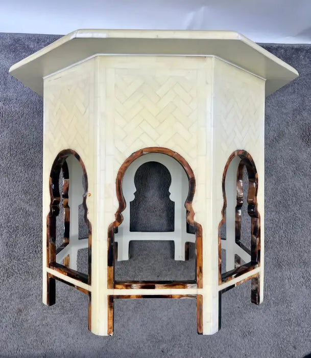 Moroccan Style Off -White Bone Inlay Octagonal Side Table with Moorish Arches