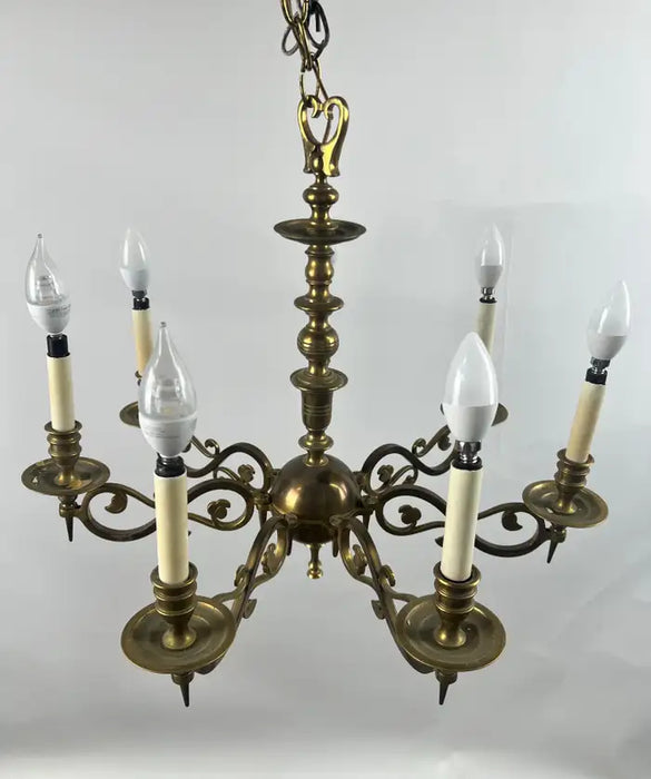 French Louis XVI Revival Style Brass Chandelier - 6 Arms