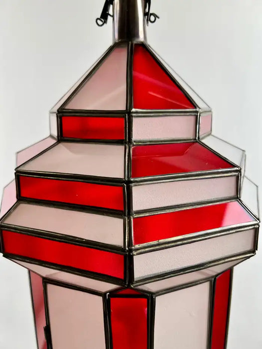 Art Deco Style White Milk and Red Glass Pendant, Lantern or Chandelier, a Pair