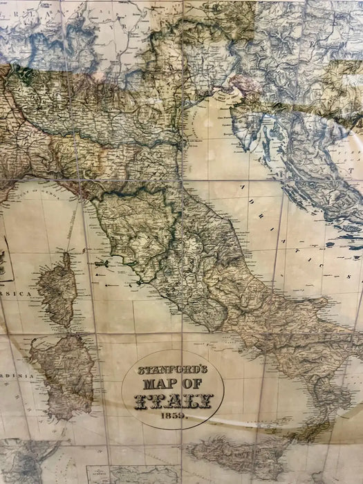Large Vintage Antiqued Stanford Map of Italy in Black & Gold Frame 1990's