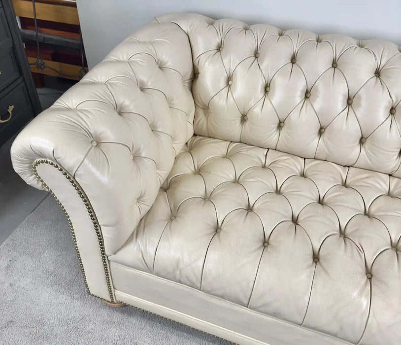 English Style Chesterfield Off-White Tufted Leather Sofa