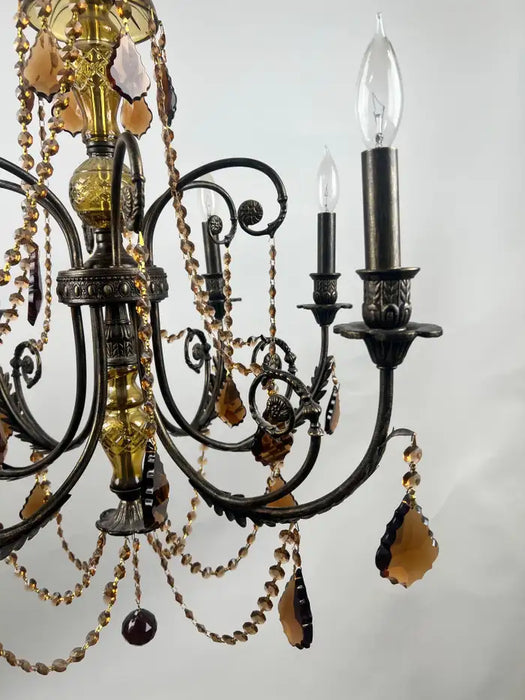 French Rococo Revival Bronzed Chandelier with Amber Glass Drops, 6 Arms