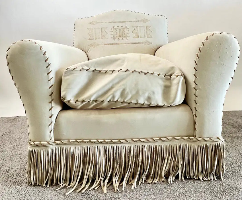 Vintage Ralph Lauren Leather Club Chair, Hand-Painted Arrowhead & Fringe, 1980's