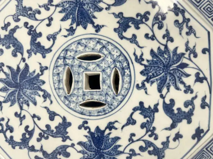 Chinese Qianlong Style Porcelain Octagonal Garden Blue & White Stool, a Pair