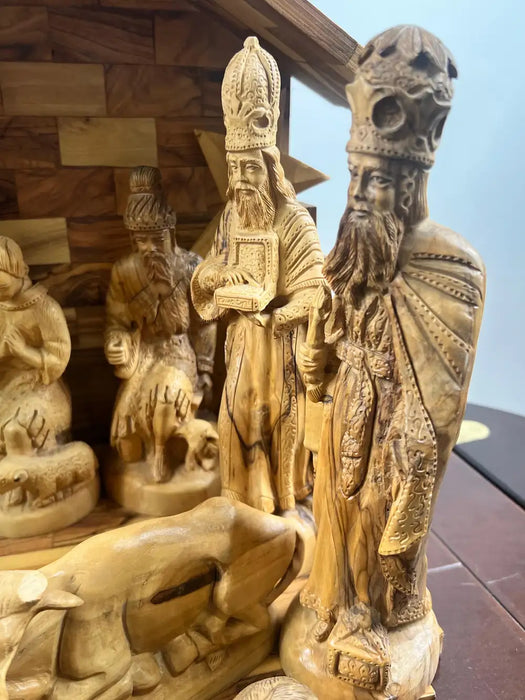 Religious Hand Carved Olive Wood Nativity Set with Stable, Holy Family, Wise Men