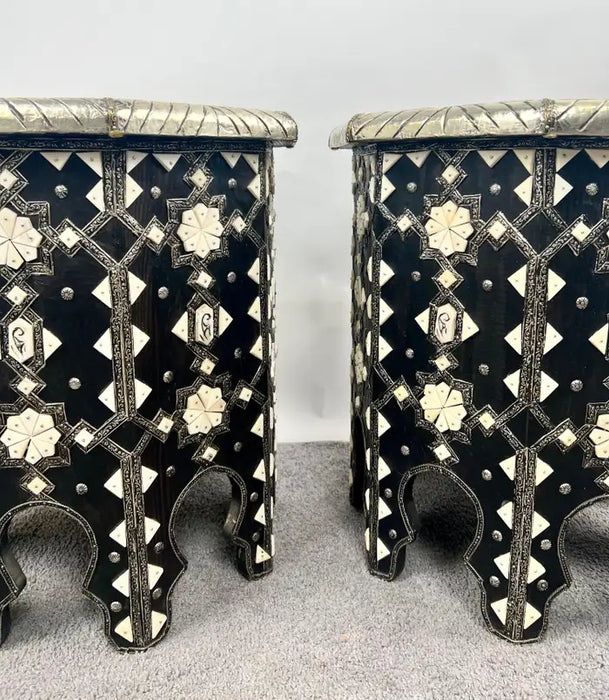 Moroccan Black & White Bone with Filigree Inlay Octagonal End Table, a Pair