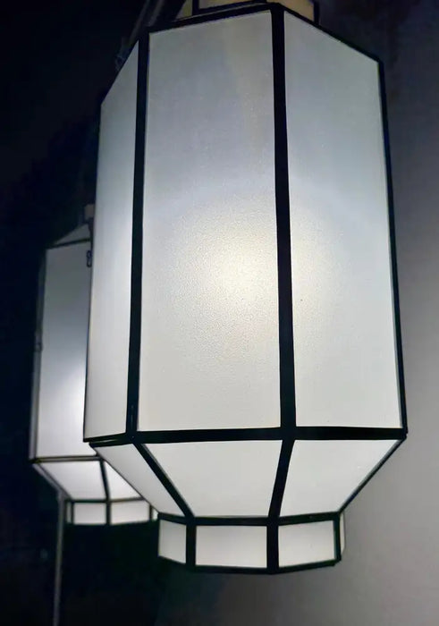 Art Deco Style Frosted White Milk Glass & Bronze Octagonal Pendant, a Pair
