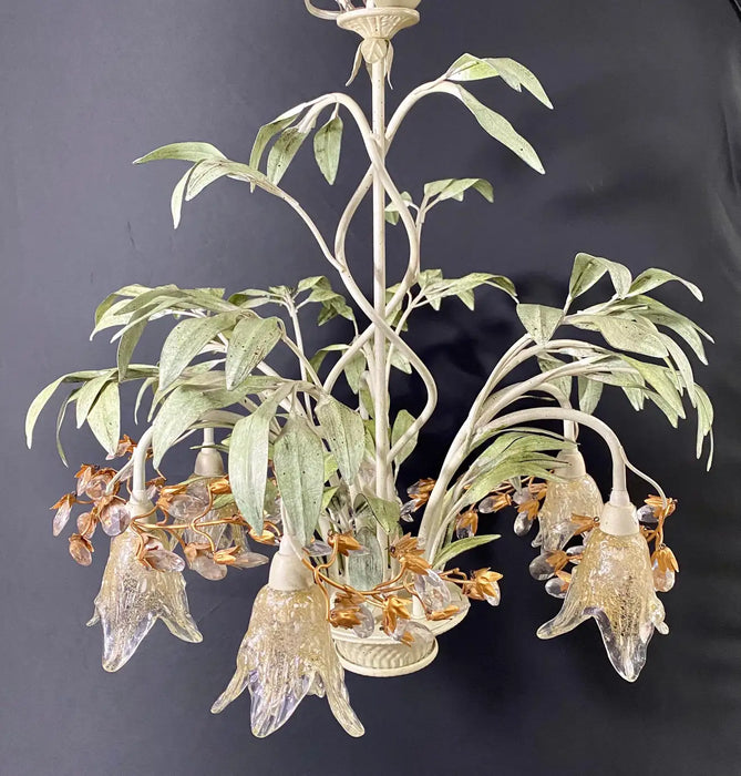 Italian Bohemian Tole Leaf Design Chandelier with Blown Glass Tulip Shades