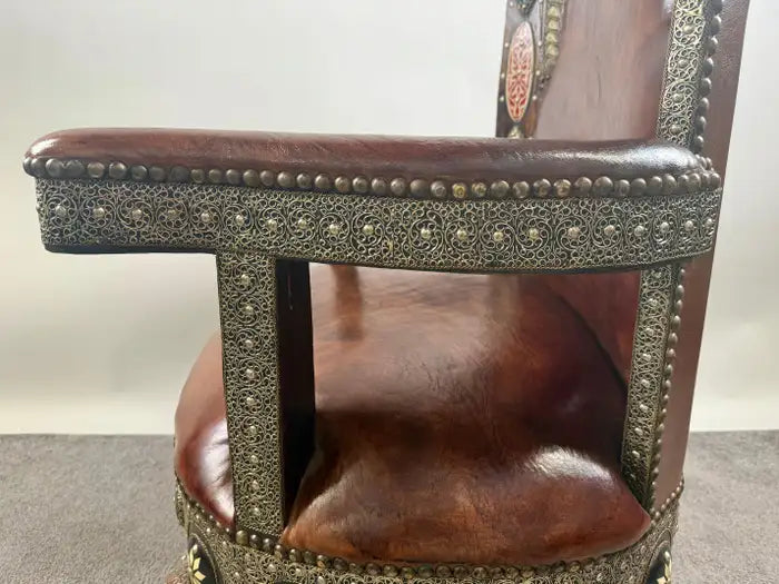 Portuguese Colonial Style Leather & Filigree Design Throne Chair