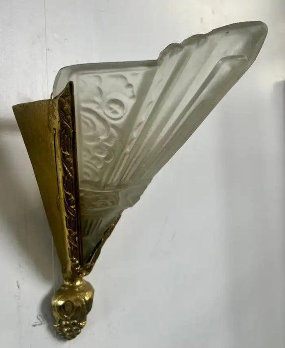 French Art Deco Brass & Frosted Glass Shield Shaped Wall sconce, a Pair