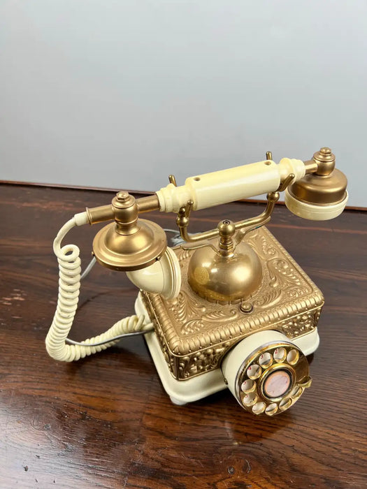 Vintage French Style Brass Rotary Telephone with Ornate Repoussé Cream Enamel Base