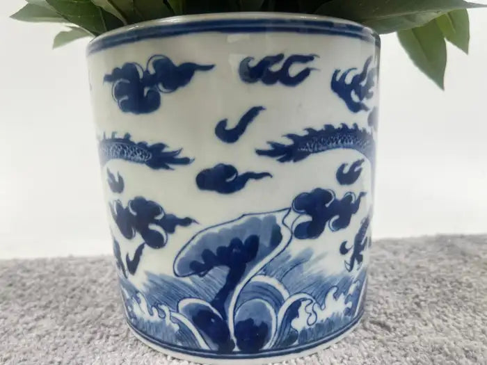 Chinese Qing Dynasty Style Blue & White Dragon Motif Porcelain Planter