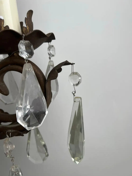 French Regency Style Bronze Wall Sconces with Crystal Drops and Shades, a Pair
