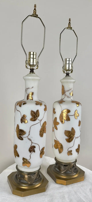 Art Nouveau Frosted White Art Glass & Gold Leaves Design Table Lamp, a Pair