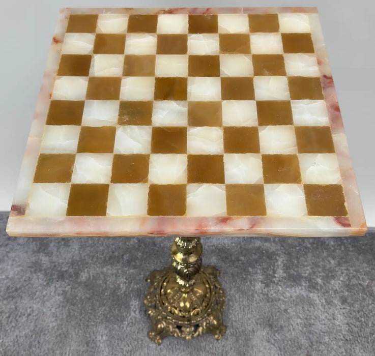 Victorian Revival Chess Table & Pieces with Marble Top & Bronze Base