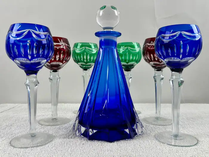 Rare Murano Glass Decanter in Cobalt Blue with Jewel-Tone StemGlasses Set, 7 Pcs