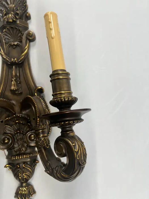 French Louis XVI Revival Style Patinated Bronze Wall Sconce Two Arms, a Pair